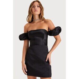 Lulus Significant Sensation Black Satin Off-the-shoulder Mini Dress - Size XS
